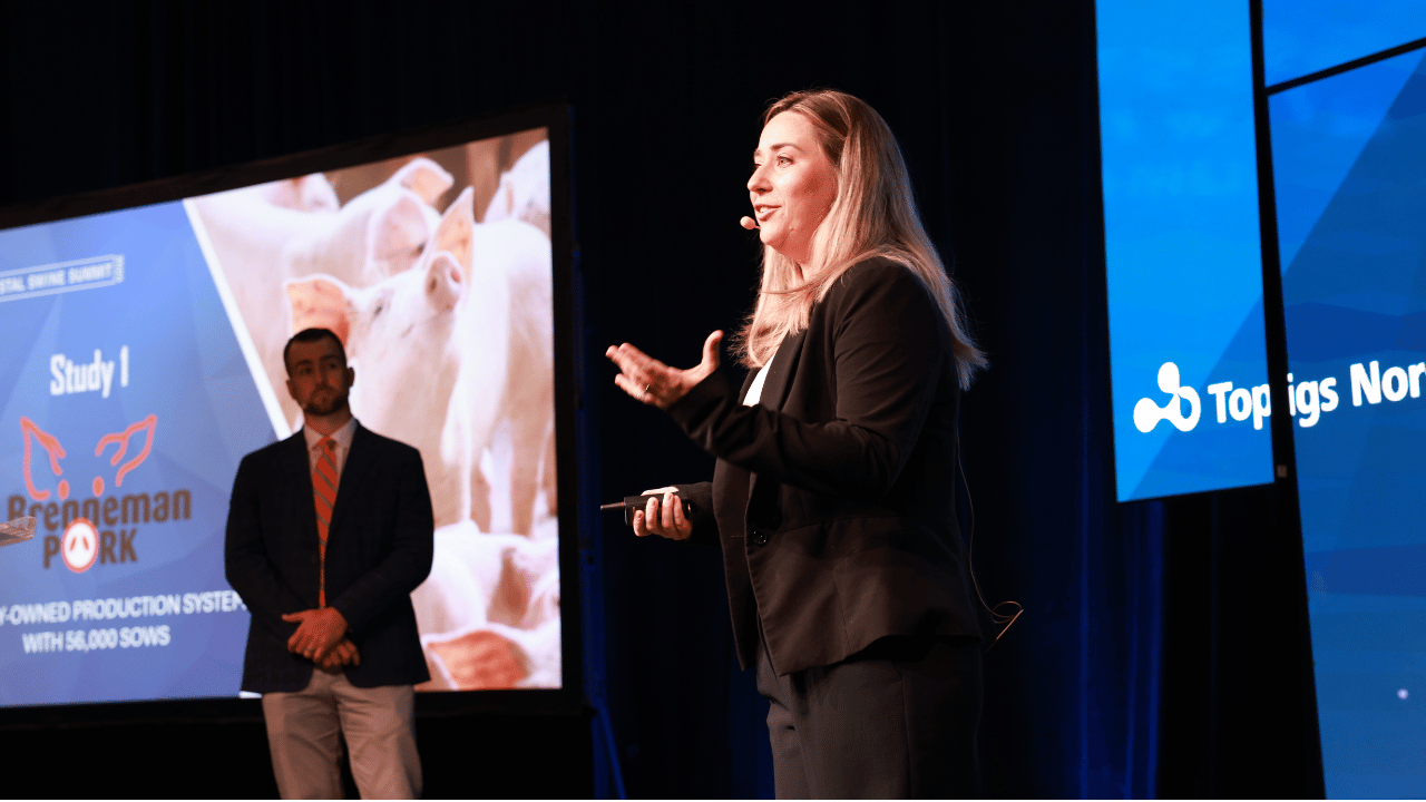 Carine Vier and Hyatt Frobose on stage during the GESTAL Swine Summit